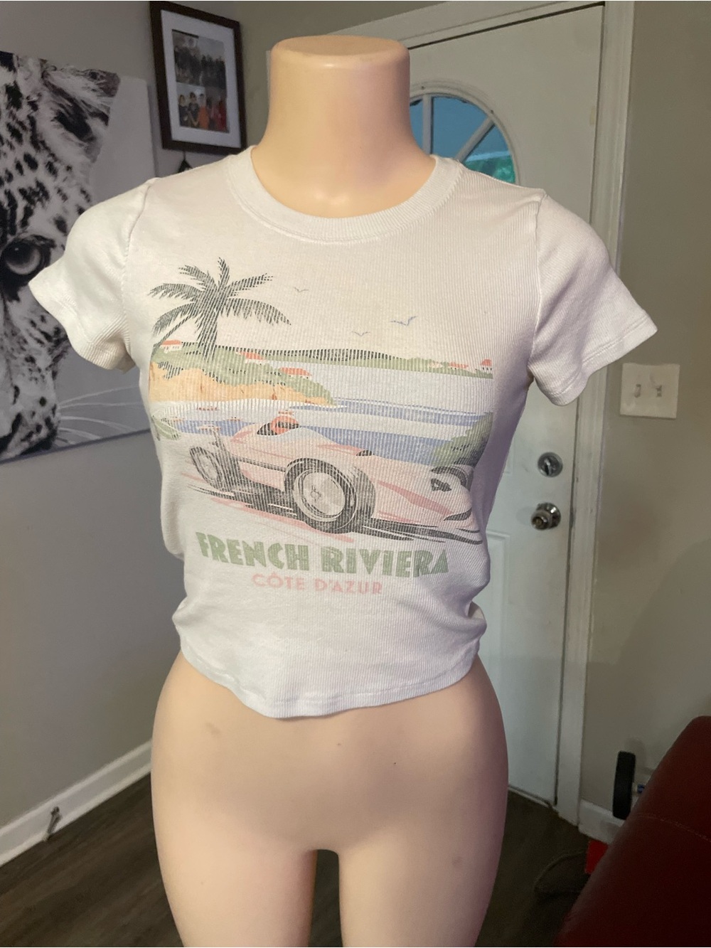 Hollister White 'French Riviera' Graphic Crop Tee summer school cool car lover